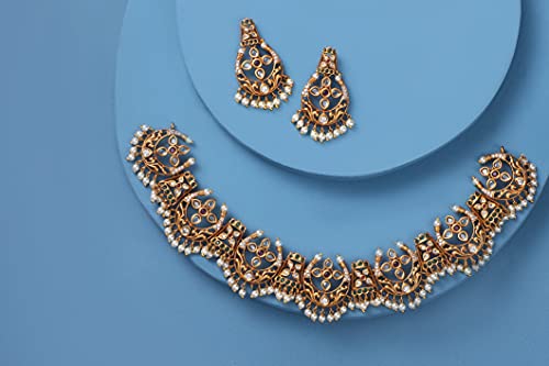 TARINIKA Antique Gold Plated Vaikha Short Necklace Set with Floral Design - Indian Jewelry Sets for Women | Perfect for Ethnic Occasions | Traditional South Indian Necklace | 1 Year Warranty*4