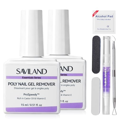 SAVILAND Poly Gel Nail Remover Kit: 2PCS Fast Gel Remover for Nails Easy & Gentle No Need Soaking or Wrapping Gel Remover Kit with Cuticle Oil Pen and Scraper for Professional Nail Remover Kit Tools