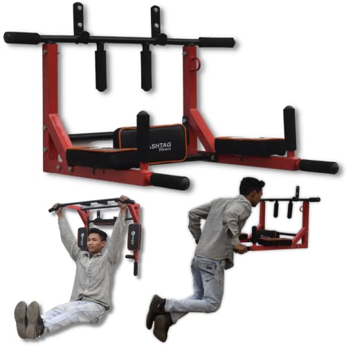 Image of Hashtag fitness wall mount pull up bar strength training equipment with hanging bar, dip station for home exercise equipment