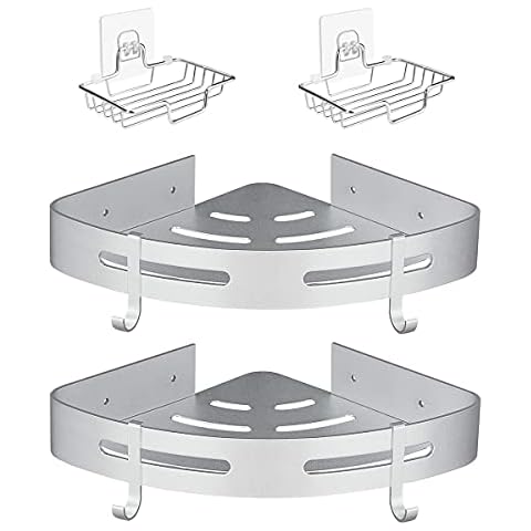 Corner Shower Caddy Basket Soap Dish Holder Shelf with 4 Removable Hooksfor Hanging Sponge and Razor,Rustproof Aluminum No Drilling Wall Mounted Shower Caddies for Bathroom/Kitchen/Dorm/Toilet - 4 Pack (Corner, Silver) Cover