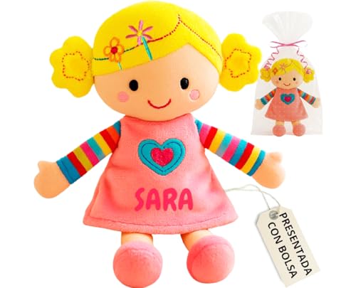 Peluchilandia Boneca de pano personalizada - presente bebé 1 ano - bonecas para meninas 2 anos e mais - toque muito macio 25 cm personalizado com o seu nome para um detalhe especial (vestido rosa)