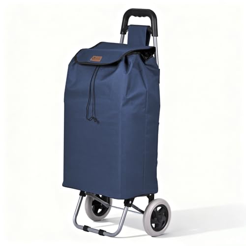 VOUNOT® Carro de la Compra Plegable 2 Ruedas, Carrito Compra 2 en 1 de 59L con Bolsa Oxford Desmontable Bolsillo Trasero con Cremallera, Carro de Compras Chasis Ligero para Subir Escaleras Azul Marino