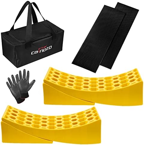 Cainozo RV Leveling Blocks Camper Leveler 2 Pack with Carrying Bag,Leveler Chocks Precise Camper Leveling Includes Two Curved Levelers,Two Rubber Grip Mats,Two Chocks,and A Carrying Bag Yellow