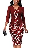 Women's Reto Bodycon Midi Dresses 3/4 Sleeve Teacher Church Wear to Work Modest Business Outfits Faux Blazer Suiting Pencil Dress Red