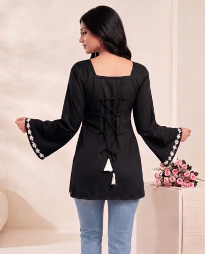 Image of MAHIRA'S Comfort Women's Short Kurti, Rayon Tunic Top with 3 /4 Embroidered Designer Sleeves | Soft Breathable Fabric | Office & Casual Kurti for Jeans, Leggings & Trousers