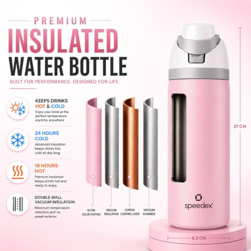 Image of Speedex Coral 1000 Stainless Steel Vacuum Insulated Water Bottle 950ml | Thermosteel Flask | Hot 18Hr Cold 24Hr | Flip Straw Lid Sipper | Kids Boys Girls Men Women Office School Gym Travel | Pink