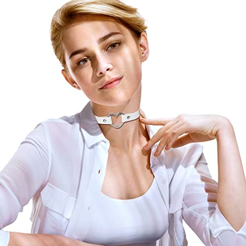 Flongo Choker Leder Halsband Lederhalsband Damen, Leder Halskette Halsband Anhänger Choker Tattoo Kette Weiß Silber Herz Einstellbar Verstellbar Gothic Punk Rock Damen