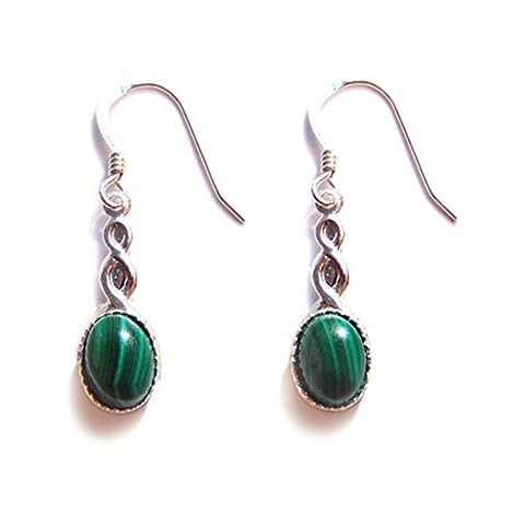 LunarraStar Women 925 Sterling Silver Oval Malachite Green Celtic Knotwork Gemstone Drop Earrings Pierced Cover