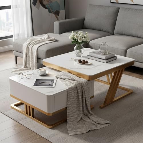Image of RIZIK Stores Iron Frame Handmade Drawer Square Coffee Table /Nesting Table /Side Table /Center Table with Engineered Wood Top for Living Room /Drawing Room /Balcony (White Gold, 30 inchx30 inch)