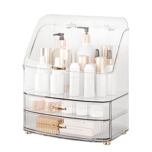 Image of Makeup Organizer Countertop Vanity with Transparent Lid Drawers Waterproof Dustproof Cosmetic Skincare Bathroom Storage Gift for Women Teens Girls (Clear Whtie)