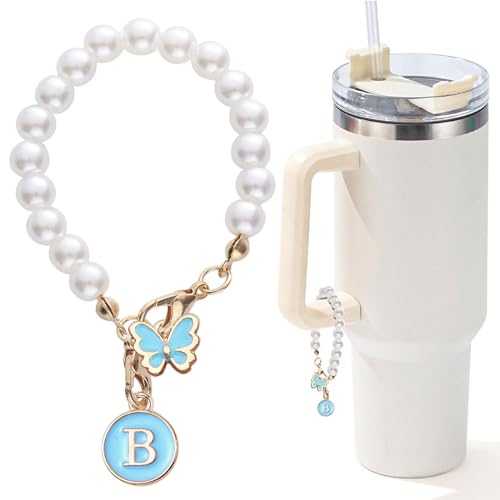 LUHOHI Accessories for Stanley Cup Pearl Chain Initial Accessoriess for Handle Stuff Decor Water Bottle Jewelry Tumbler Cute Simple Modern Personalized Name ID Decorations Letter Blue Tag B