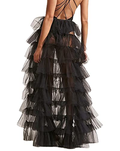 SANSIWU Langer Damen-Tüllrock, Maxirock, Netzstoff, für Hochzeit, Party, Cocktailkleid, Abschlussball, sexy Überrock, X-black, Einheitsgröße