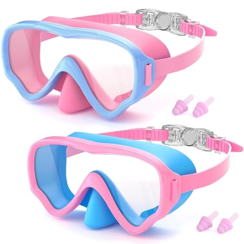 COOLOO 2 Packs Kids Goggles with Nose Cover 180 Wide View Swimming Goggles for Kids 4-16 No More Hair Snags Anti-Fog No-Leak Snorkel Mask for Boys Girls Youth