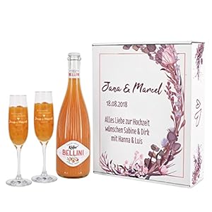 Herz & Heim® Einzigartiges Hochzeits-Geschenkset mit Käfer Bellini und 2 gravierten Leonardo Sektgläsern