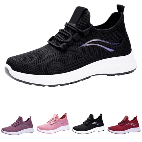 Zapatillas de senderismo para mujer con amortiguación, resistentes al agua, ligeras, ortopédicas, de fácil cuidado, de malla, transpirables, para correr, entrenamiento, uso diario, cómodas, Negro ,