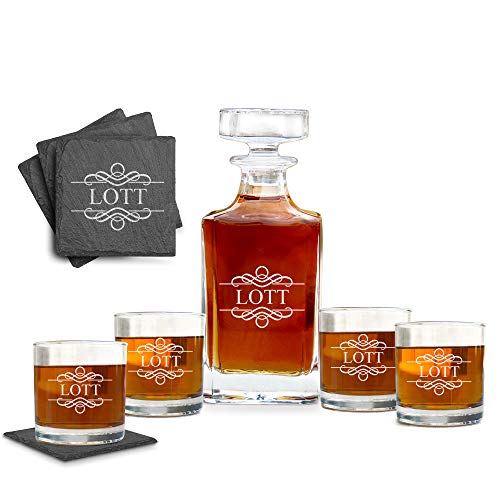 Engraved Premium Decanter Set With Glasses, Decanter Set For Men And Women, Whiskey Decanter Set, Engraved Decanter Set With Glasses And Slate 4 Coasters