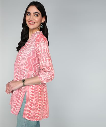 Image of Stylistico Geometric Print Summer Cotton Tunic Western Everyday Regular Fit Full Sleeve v Neck Office Peplum Printed Long Tops for Women Latest