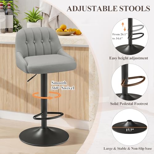 Image of MALOL Bar Stools Set of 4, Swivel Bar Chairs, Modern Adjustable PU Leather Upholstered Barstools Counter Height with Tufted Back for Bar, Kitchen Counter Island, Dining Room, Grey