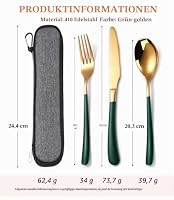 MURRI&MURRDI Besteck Set für 1 Personen, 3 Teilig Flatware Set, Tragbar Besteck Edelstahl Spiegelpoliert, Camping Messer Gabel Löffel mit Tasche, Geschirrspüler Sicher (3 Grünes Gold) – Ansicht 2