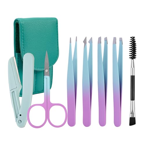 Generic 7 Pack Multi-Function Tweezers for Women Facial Hair & Eyebrow, Stainless Steel, Modern Style, Blue & Purple