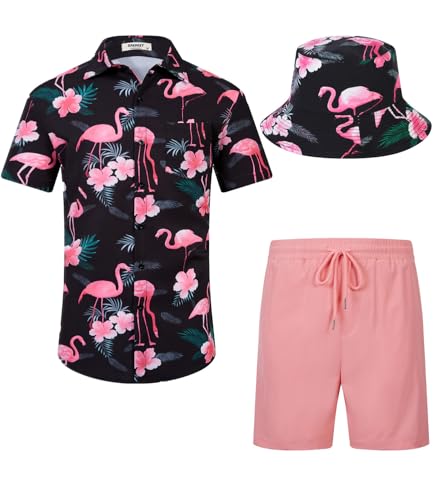 SPKPKEY Herren Hawaiihemd und Shorts Set 2-teilig Casual Knopfhemd Sommer Strand Outfit mit Bucket Hüten Schwarz/Rosa Flamingo Medium
