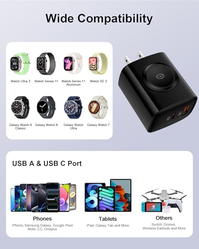 Image of Samsung Galaxy Watch8 Charger, 3 in 1 Wireless Charging Cube for Galaxy Watch Ultra 8 Classic 7 6 5, Double Port USB C + USB A Fast Charger Wall Plug Power Block for Samsung A17 A16 A15 A36 S26-Black
