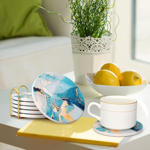 Image of 6 Pcs Light Blue Abstract Wood Coasters with Iron /Metal Holder Best Round Drink Coaster for Desk Lounge Coasters Coffee Wine Coasters Beverage Bar