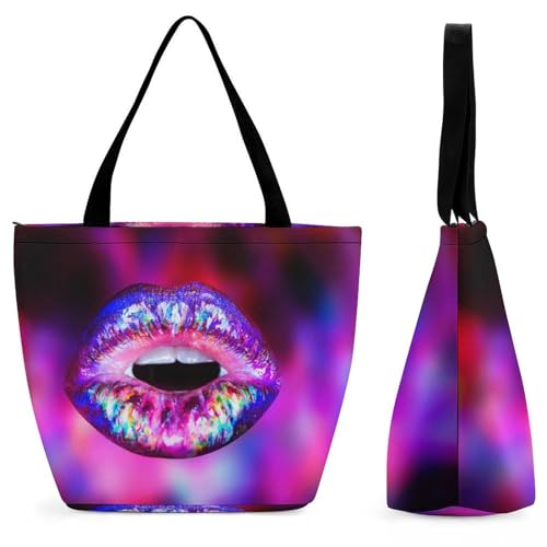 Sac de shopping pour voyage violet grand volume à motif lèvres pailletées