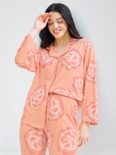Image of Night Suit for Womens Floral Printed Modal Night Dress of Shirt and Pajama Set 9365