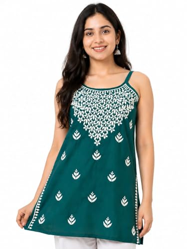 Image of Women's Chikankari Rayon Top Sleeveless Strappy Kurti | Embroidered A-Line Tunic for Women | Summer Ethnic Casual Wear Top with Spaghetti Straps