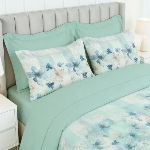 Image of LANE LINEN 100% Cotton Printed King Size Bedsheet - Blue White | OEKO-Tex Certified, 250TC, Fits King & Double Bed, Floral Print, Breathable & Wrinkle-Free, Includes 2 Pillow Covers