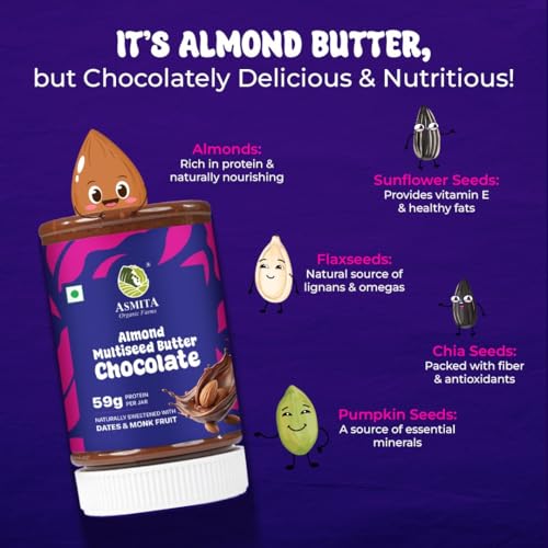 Image of Asmita Organic Farms Creamy Chocolate Nut Butter 250g | Made with Almonds, Multi-Seeds & Avocado Oil | High-Protein Spread | Naturally Sweetened & Zero Palm Oil | Great for Spreads, Smoothies, Baking