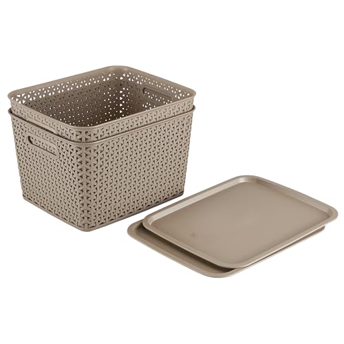 Image of KOLORR Royal Baskets pack of 2 Large Basket with 2 Lid - LT Brown | stackable| easy to clean | strong and durable | BPA free | Multipurpose Plastic Storage Basket, Rectangular
