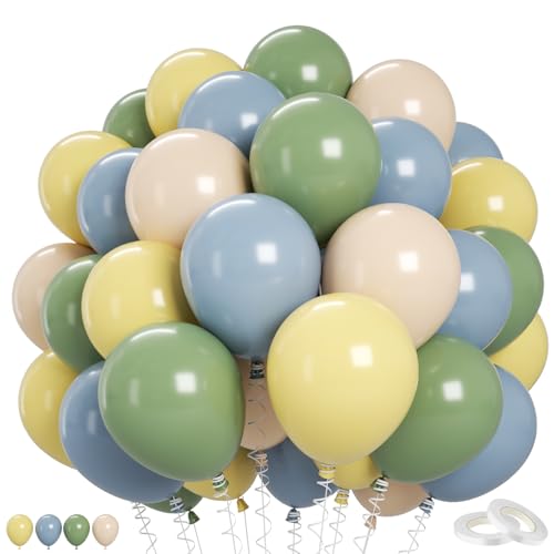 Image of Sage Green Dusty Blue Yellow Balloons, 60 Pcs Olive Green Slate Blue Macaron Yellow Apricot Balloon Helium for Birthday Wedding Engagement Bridal Wild Bee Bear Theme Baby Shower Party Decorations