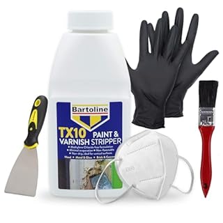Paint & Varnish Stripper Kit-1 x 500ml Bartoline TX10 Powerful Paint Stripper Solution + Scraper Tool, Brush, Gloves & Mask – Fast Acting Paint Remover for Wood, Metal, Concrete, Glass & DIY Projects