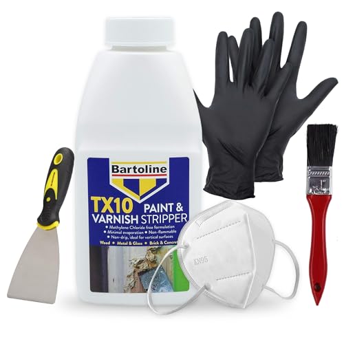 Paint & Varnish Stripper Kit-1 x 500ml Bartoline TX10 Powerful Paint Stripper Solution + Scraper Tool, Brush, Gloves & Mask – Fast Acting Paint Remover for Wood, Metal, Concrete, Glass & DIY Projects