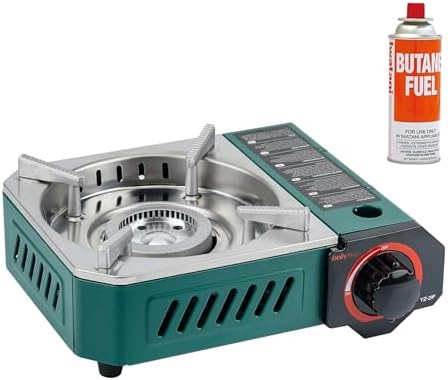 Onlyfire Butane Stove with Carrying Case, Portable Camping Stove, Mini Backpacking Camp Stove for Camping, Hiking, RV Trip, Quick Breakfast and Emergency, Green GS348