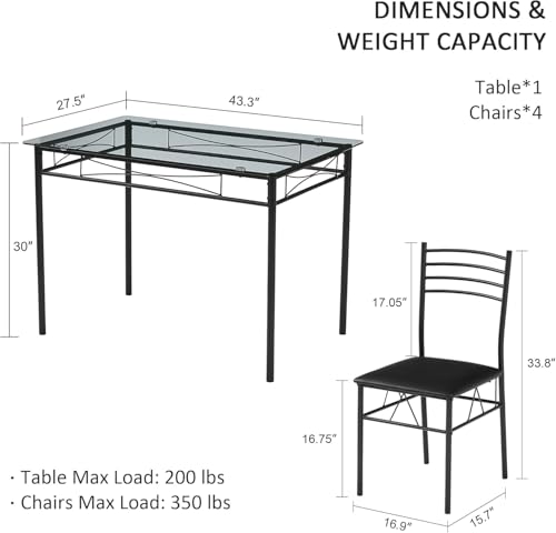 Image of VECELO Dining Table Set for 4, 5-Piece Glass Kitchen Table with Upholstered Padded Chairs for Small Space, Breakfast Nook, Space-Saving, Black