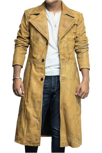 HIDE & SEEK Men's Cowboy Vintage Retro Full Length Duster Blazer Classic Style Waxed Lambskin Leather Long Coat