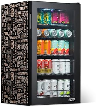 NewAir 126 Can Beverage Refrigerator | Freestanding Mini Fridge for Home Bar or Office | SplitShelf Storage, 32°F Cooling & LED Lighting | “Beers of the World” Design