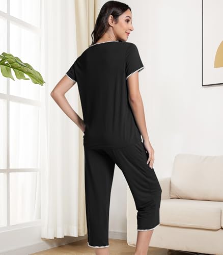 Image of NACHILA Bamboo Viscose Women's Pajamas Set Short Sleeve Sleepwear Soft Capri Pants Pajama Sets Cooling Pjs Casual Loungewear