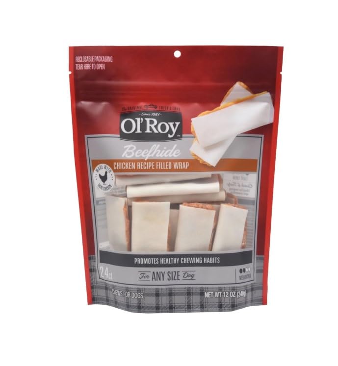 Ol~Roy Beefhide Filled Wrap Chicken Recipe Dry Training Treats for Dogs ~ 12 Oz ~ 24 Count ~ Pet Chews ~ Pack 1.