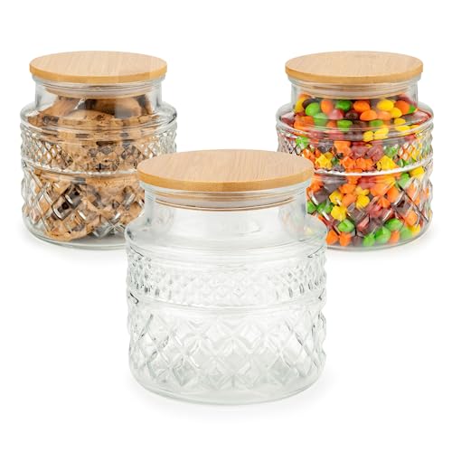 Classy Canisters Paquete de 3 frascos de vidrio herméticos pequeños redondos con tapa de bambú, 38 onzas