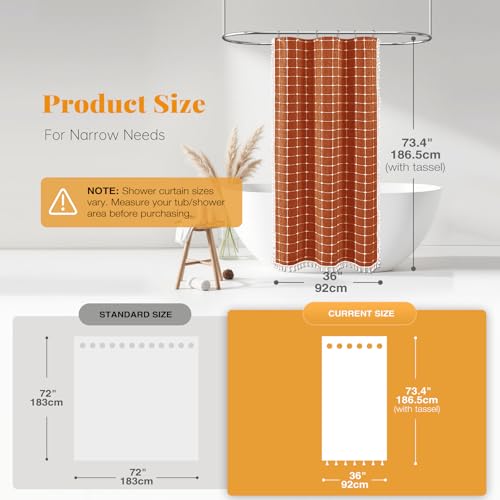 Image of BTTN Boho Shower Stall Curtain - 36x72 Narrow Linen Ultra Thick Tassel Fabric Shower Curtain Set with 6 Plastic Hook, Half Camper RV Modern Farmhouse Country Shower Curtains for Bathroom, Brunt Orange