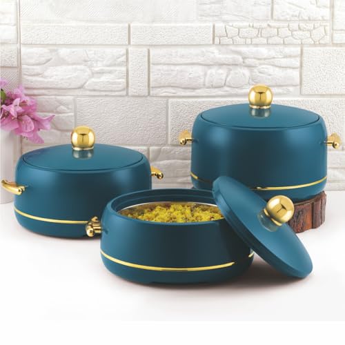 Image of Modware Atlantis Casserole Set of 3-1500ml /2000ml /2500ml Elegant Design Premium Hot Pot, Retains Temperature for Hours, Insulated Inner Steel Casserole for Roti Hot Box for Home Chapati Box (Teal)
