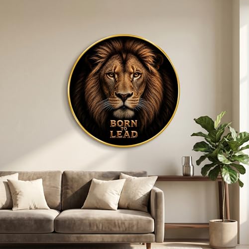 Image of SAF Lion Born to Lead Round Wall Painting with Premium PVC Golden Frame, Motivational Wildlife King Art for Living Room Office Bedroom Home Decor Gift (12 x 12 Inch) GRS-458