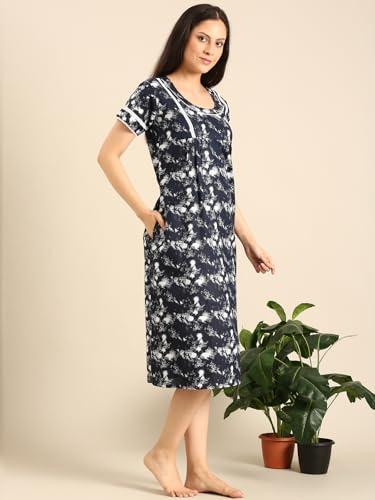 Image of Rupa Jon Aishwarya Women Short Printed Nighty in Premium Cotton Blend Fabric, Midi Length, Night Dress, Three-Fourth Length for Comfortable Everyday Wear