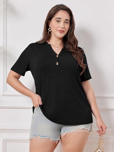 Chulianyouhuo Plus Size Tops for Women Summer V Neck Short Sleeve Tee Shirts Henley Button Casual Loose Fit Blouse3