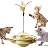 YSYONBOE 3-in-1 Cat Toys for Indoor Cats Interactive Kitten Toy Fun Roller Treat Dispenser Ball Self Play Treat Ball Feather Wand for Exercise & Stimulation (Yellow)