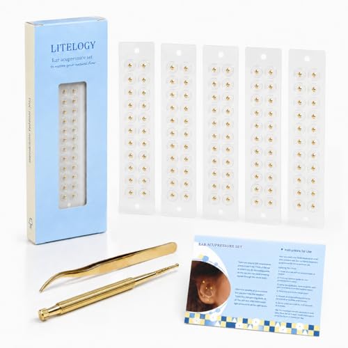 24K Gold Plated Acupressure Ear Seeds Kit 100 Pcs with Brass Probe & Tweezer | Ear Seeds Stickers for Immune & Digestive Health with Auricular Acupuncture Chart